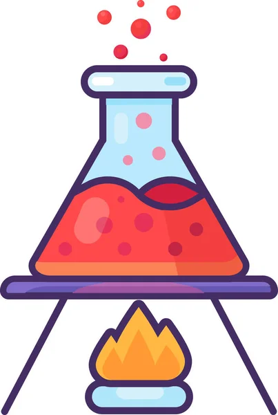 三脚架上装有红色沸腾液体的化学瓶 放在酒精燃烧器上 在化学领域进行实验和分析 在白色背景下孤立的简单卡通轮廓矢量 — 图库矢量图片