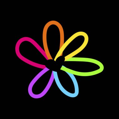 Gökkuşağı açan papatya çiçeği ve parlak keçeli kalemler koyu siyah arka planda. Kart veya davetiye tasarımı için LGBT parti simgesi. Aydınlanmış vektör sembolü siyah arkaplanda izole edildi