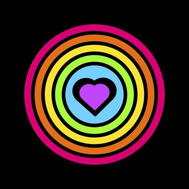 Hedefin merkezinde gökkuşağı kalbi ve koyu siyah arka planda parlak keçeli kalemler. Kart veya davetiye tasarımı için LGBT parti simgesi. Aydınlanmış vektör sembolü siyah arkaplanda izole edildi