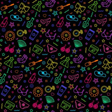 Neon güzelliği kusursuz desen. Bijouterie, kozmetik, moda ve mücevher ürünleri. Kumaş, iç çamaşırı, kozmetik. Kumaş, örtü ve ambalaj için süs. Siyah üzerine izole edilmiş renk çizgisi vektörü