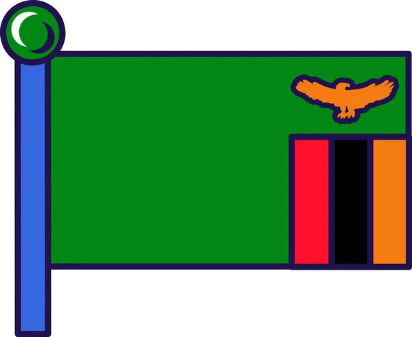 旗杆矢量上的赞比亚共和国国旗 在绿地上有垂直条纹的红 橙和鹰鸟 非洲国家象征性平面卡通画 — 图库矢量图片
