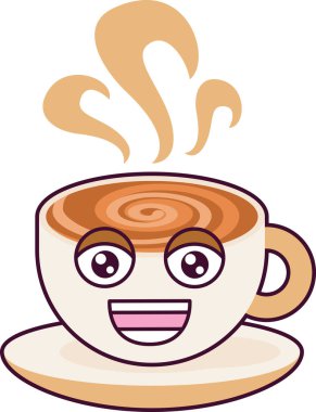Seramik bardak sıcak kakao ve köpük desenli gülen karakter sarmal bir şekilde birbirine karışmış. Çocukların neşeli maskotu, tatil ve kahve partisi. Basit renkli düz vektör