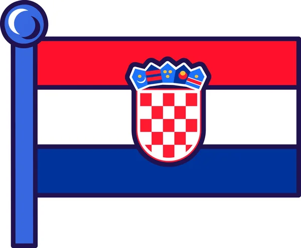 旗杆矢量上的克罗地亚共和国国旗 横向带红色 白色和蓝色 中间有国徽 三色旗象征国家独立的平面卡通画 — 图库矢量图片