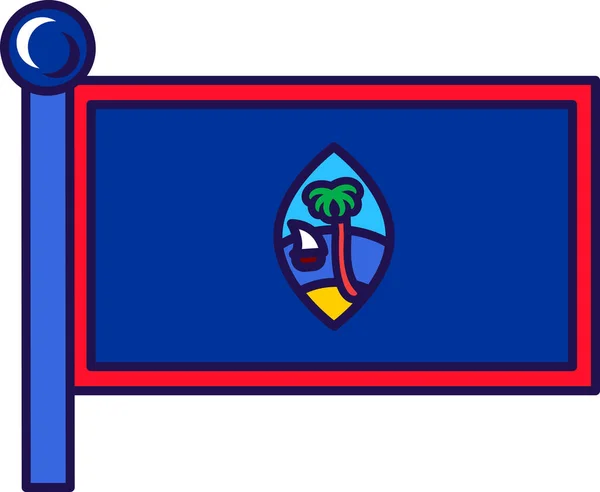 グアムの国旗ベクトルのアメリカ合衆国の領土 国のシンボル上の赤い境界線と海 砂浜とヤシの木 青の背景にシール 愛国公式バッジフラット漫画イラスト — ストックベクタ