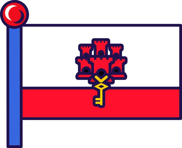 Флаг Страны Гибралтара Векторе Флагштока Замок Ключом Белом Красном Фоне — стоковый вектор