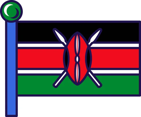 旗竿にケニアの国旗が掲揚されています 緑の三色貝の盾と槍を渡った アフリカ全国連合の公式シンボルフラット漫画イラスト — ストックベクタ