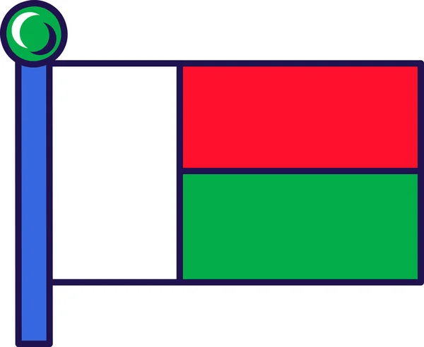 在旗杆矢量上悬挂马达加斯加共和国国旗 横向红色和绿色带与白色垂直场 爱国象征国家领土独立平面卡通画 — 图库矢量图片