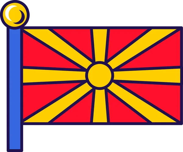 Північномакедонський Національний Прапор Флагштоку Жовте Сонце Червоному Полі Вісьмома Розширеними — стоковий вектор