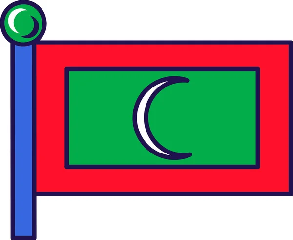 モルディブ共和国国旗を旗竿に掲げる 緑の長方形のフィールドに白い三日月と赤の境界線 愛国的な国のシンボル上のイスラムシンボル モルディブの紋章フラット漫画のイラスト — ストックベクタ