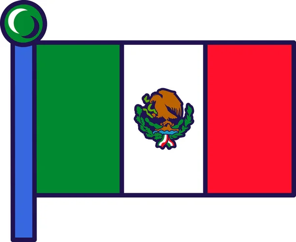墨西哥国旗在旗杆向量上 白色和红色的垂直三色旗 中央有国徽 墨西哥合众国象征性的平面卡通画 — 图库矢量图片