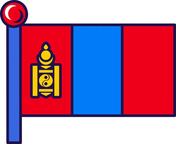 旗杆矢量上的蒙古国家国旗 红色和蓝色的垂直三带 带有大豆符号 东亚地区官员象征独立的平面卡通画 — 图库矢量图片