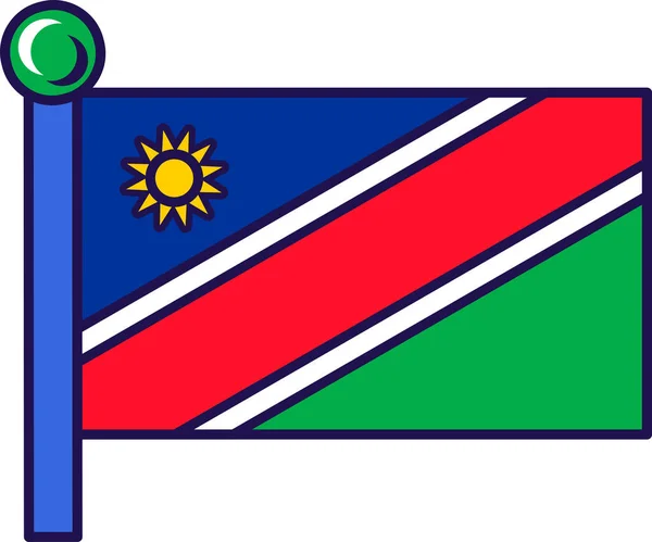ナミビア共和国は旗竿に国旗を掲げている 青いフィールドに白い縁の赤い斜めのバンド 緑の三角形と黄金の太陽 アフリカの国愛国シンボルフラット漫画のイラスト — ストックベクタ
