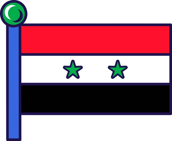 旗竿ベクトルにシリアの国旗 シリアアラブ共和国の象徴的なフラット漫画のイラストの中心に2つの緑の星で充電赤 黒の水平三色 — ストックベクタ