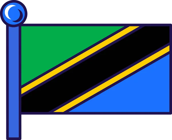 タンザニアは旗竿に共和国の旗を掲げた アフリカの国の愛国者の黄色のエッジの黒い斜めのバンド 緑とライトブルーのフィールドは 自由フラット漫画のイラストの象徴 — ストックベクタ