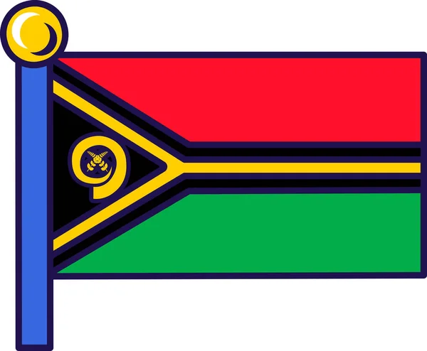 瓦努阿图国旗在旗杆矢量上 红色和绿色的水平二色带 金黄色的斗篷 装饰的黑色三角形带 交叉金银花叶平坦的卡通画 — 图库矢量图片