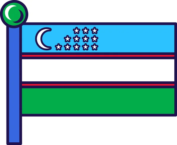 ウズベキスタンは旗竿に国旗を掲げている アジアの領土フラット漫画のイラストの伝統的なシンボル上の紺碧の水平方向の部族 白と緑 三日月と星 — ストックベクタ