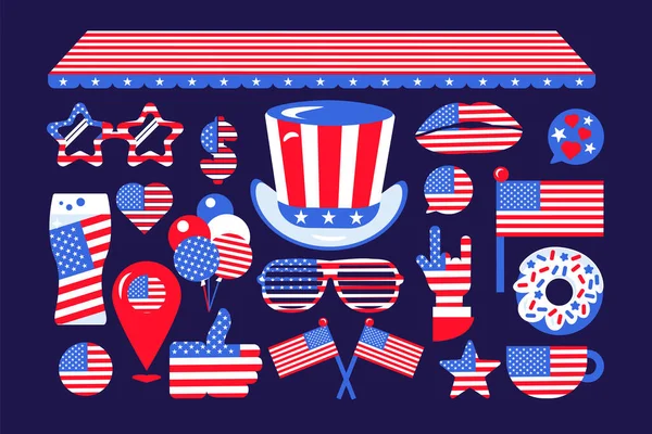 お祝いの要素 7月4日アメリカ独立記念日の属性のコレクション ドリンクグラス アメリカ国旗 サムおじさんの住所 スターサングラス 米国の旗の色のフラットベクトルアイコン — ストックベクタ