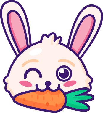 Şirin, tüylü, tavşan kulaklı, sulu, turuncu havucu kemiriyor. Tasarım dekorasyonu için sembol, çocuk okulu ya da anaokulu markası. Beyaz arkaplanda izole edilmiş kalın vuruşlu vektör