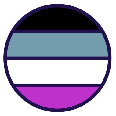 LGBT gurur bayrağı renginde yuvarlak çıkartma. Şenlik çemberi unsuru, Aseksüel gururun niteliği. Beyaz arkaplanda izole edilmiş LGBT topluluk bayrağı renklerinde çizgi film vektör simgesi