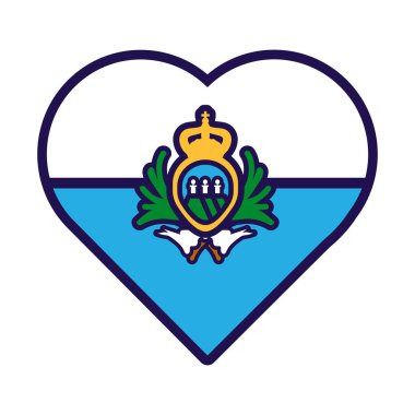 Ulusal San Marino bayrağı renginde bir vatansever kalbi. Kutlama öğesi, San Marino Bağımsızlık Günü 'nün özellikleri. Ülke bayrağının ulusal renklerinde çizgi film vektör simgesi beyaz arkaplanda izole edildi