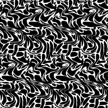 Siyah sıvı dalgalar, soyut şekiller, siyah boya ve mürekkep lekeleriyle dolu. Kumaş, örtü ve ambalaj için süs. Basit soyut minimalist vektör