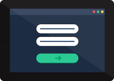 Tablete giriş ve parola web sitesi için yetkilendirme menüsü arayüzü. Dijital cihaz ekranında web sayfası. Beyaz arkaplanda izole edilmiş basit düz vektör simgesi