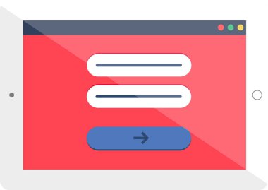 Beyaz çerçeveli tablet tabletine giriş ve parola web sitesi için yetkilendirme menüsü arayüzü. Dijital cihazın ekranında internet sayfası. Beyaz arkaplanda izole edilmiş basit düz vektör simgesi