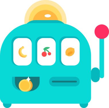 Kumar makinesi, ekranda meyve çeviren silahlı bir haydut. Kumarbaz yeşil servet avcısı. Kumarhane ve kumar aleti. Beyaz arkaplanda izole edilmiş basit düz vektör simgesi