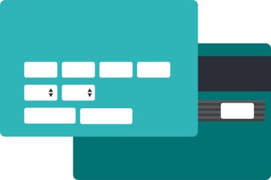 Kart numarası ve CVV CVC kart alan numarası için boş alanlar içeren banka kartları. Mallar ve hizmetler için modern nakit ödeme araçları. Beyaz arkaplanda izole edilmiş basit düz vektör simgesi