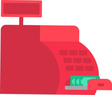 Açık fatura alıcısı olan bir banka kasası. Para depolamak ve mağazada satılan malları hesaplamak için bir cihaz. Beyaz arkaplanda izole edilmiş basit düz vektör simgesi