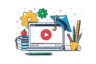 Bilgisayarla ve okul kitaplarıyla çevrimiçi çalışma, uzaktan erişim programı ve masadaki kahvaltı. Uzak e-öğrenmenin modern teknolojileri. Beyaz üzerine izole edilmiş renk vektörü