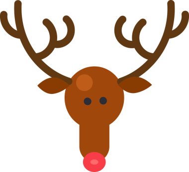 Noel Baba takımının komik boynuzlu geyiğinin başı. Şablon, kartpostal ya da poster süslemek için basit bir şenlik çizim ögesi. Düz vektör sembolü beyaz arkaplanda izole edildi