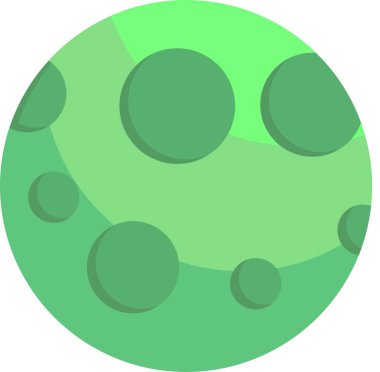 Yüzey ikonunda kraterleri olan yeşil ay. Uzay nesnelerinin astronomik gözlemleri. Dünya dışı yolculuklar ve derin uzay keşifleri. Beyaz arkaplanda izole edilmiş basit düz vektör sembolü