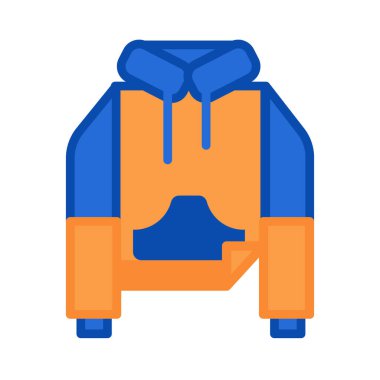 Düz renkli kapüşonlu, modaya uygun, sıcak kazak ikonu. Günlük kıyafetler ve ayakkabılar. Modern moda görünümü yaratmak için kıyafet malzemesi. Beyaz arkaplanda izole edilmiş basit vektör sembolü