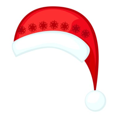 Parlak şapkalı, tüylü Noel Baba şapkalı. Karikatür vektör illüstrasyonu için şenlikli, ulusal, geleneksel ve peri masalı başlığı. Beyazda izole edilmiş selfie kaptanı.