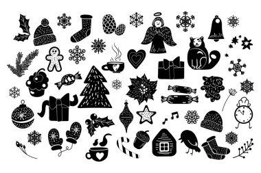 Noel dekorasyonunun parti siyahi unsurlarının ana hatları. Oyuncaklar, yiyecekler, tatlılar, içecekler, sürprizler ve hediyeler, yeni yıl süslemeleri. Beyaz arkaplanda izole edilmiş basit siyah şekil vektör simgeleri