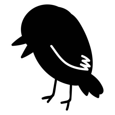 Doodle silhouette of ruffled fluffy sparrow bird, element of winter festival decoration. Tit feathered inhabitants, winter forest dweller. Simple black shape freehand vector icon isolated on white