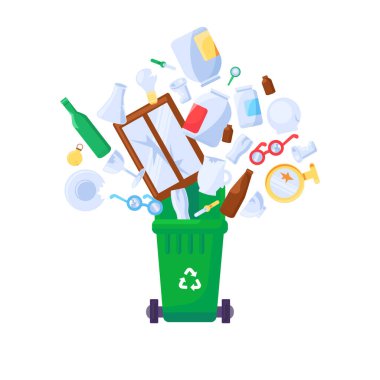 Eski istenmeyen cam şişeler açık çöp kutusuna düşer. Bir yığın çanak çömlek ve kırık eşyalar. Cam kirliliği sorunu. Çizgi film vektörü beyaz arkaplanda izole edildi