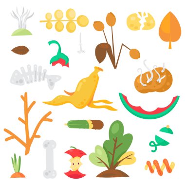 Organik atık ve yiyecek kalıntılarının toplanması. Gıda israfı kullanım dışı ve imha için. Yiyecek, sebze ve meyve geri dönüşümü. Çizgi film vektörü beyaz arkaplanda izole edildi