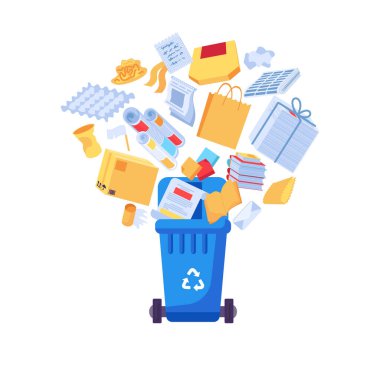 Eski istenmeyen kağıt kutuları açık çöp kutusuna düşer. Eski kitaplar, gazeteler, kutular, paketler. Kağıt kirliliği sorunu. Çizgi film vektörü beyaz arkaplanda izole edildi