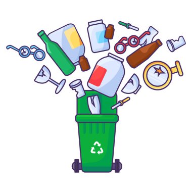 Eski istenmeyen cam şişeler açık çöp kutusuna düşer. Bir yığın çanak çömlek ve kırık eşyalar. Cam kirliliği sorunu. Vurulmuş çizgi film ana hatları vektörü beyaz arkaplanda izole edildi