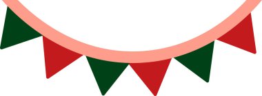 Çok renkli bayraklı kırmızı yeşil Pop Art çelengi. Düz bayrak çelengi bayram ikonu. Noel etkinliği. Beyaz arkaplanda izole edilmiş basit düz vektör simgesi