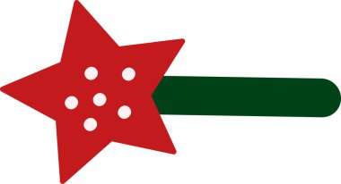 Oyuncak peri sihirli değneği. Kırmızı yeşil düz tasarım elemanı. Pop sanat sihirli değneği ve tatil ikonu. Noel etkinliği. Beyaz arkaplanda izole edilmiş basit düz vektör simgesi