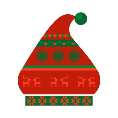 Norveç ulusal bayramında kırmızı ve yeşil renkli Noel Baba şapkası. Elf şapkası el yapımı, süslü püslü. Beyaz arkaplanda izole edilmiş basit düz vektör