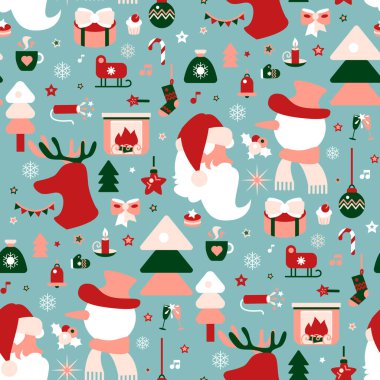 Noel Baba, kardan adam, geyik, hediyeler, süprizlerle dolu kırmızı beyaz renkli tatil desenleri. Kumaş, ambalaj ve ambalaj için süsleme. Turkuazda izole edilmiş vektör