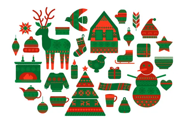 Norveç yapımı yeşil kırmızı el Xmas tarzı eşya koleksiyonu. Kış Noel sembolleri. Bayram tasarımı dekorasyonu için beyaz zemin üzerinde izole edilmiş Yeni Yıl vektör simgeleri
