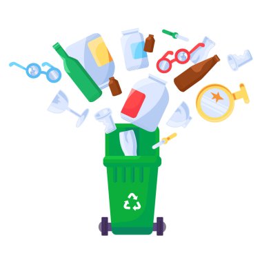 Eski istenmeyen cam şişeler açık çöp kutusuna düşer. Bir yığın çanak çömlek ve kırık eşyalar. Cam kirliliği sorunu. Beyaz arkaplanda izole edilmiş çizgi film vektörü