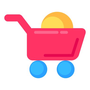 Tekerlek üzerinde para dolu bir market arabası. Alıcı için ek servis. Sevkiyat ve siparişleri çevrimiçi mağazalardan alıyoruz. Basit düz vektör beyaz arkaplanda izole edildi