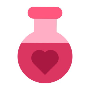 Cam şişe ikon vektöründe aşk sıvısı. Laboratuvar tüpü dekore edilmiş kalple karıştırılmış kimyasal içecek. Sevgililer Günü kış tatili düz çizgi film çizimleri için.