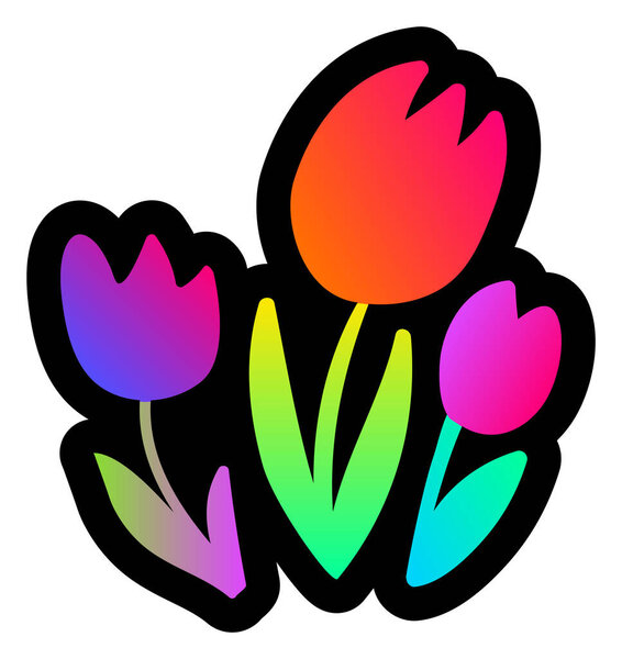 Декларативный флуоресцентный ручной рисунок луга весенних тюльпанов с неоновым градиентным светом на темном фоне. Значок партии для оформления карточки или приглашения. Ручной рисунок осветительного вектора на черном